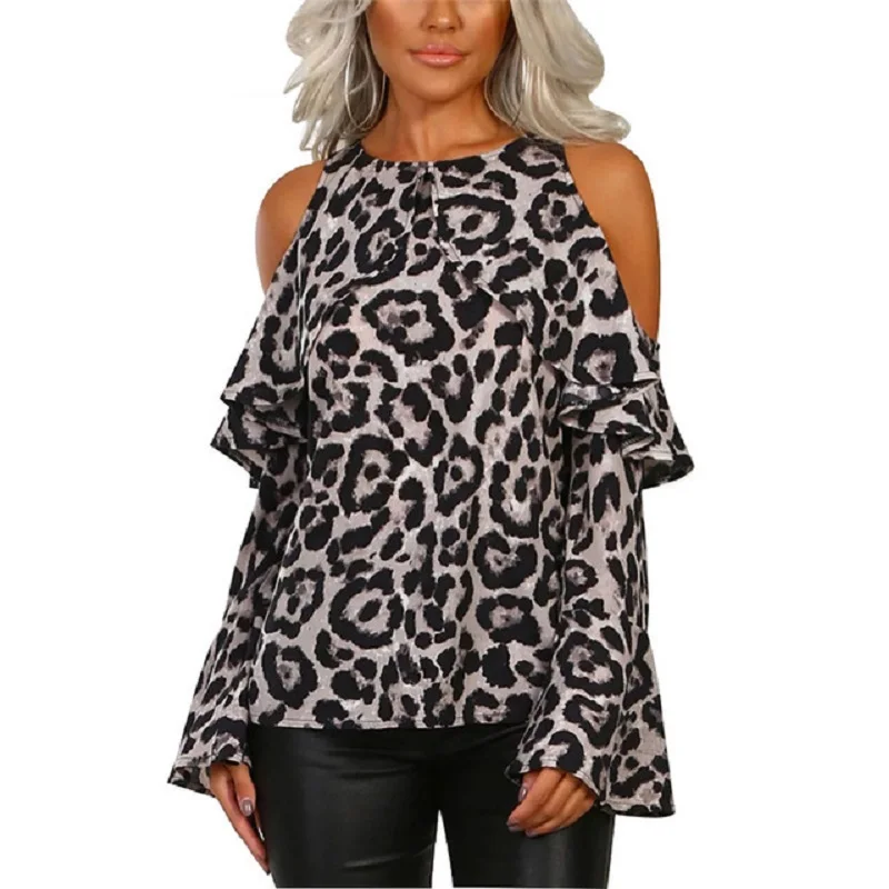 

Leopard Print Blouse Shirt Women Off Shoulder Flare Sleeve Top Autumn Winter Fashion 2018 Ruffles Chiffon Shirt Womens Clothing