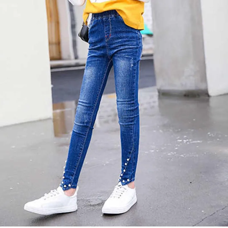 

Children Jeans for Girls New 2018 Fashion Elastic Waist Pants Straight Solid Pencil Kids Skinny Clothes Jeans Trousers Denim