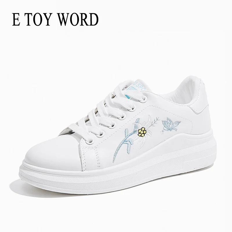 

E TOY WORD 2019 Autumn Fashion Casual Shoes Woman Flower White Sneakers Flat Heel 3CM Platform shoes Women Tenis Zapatos Mujer