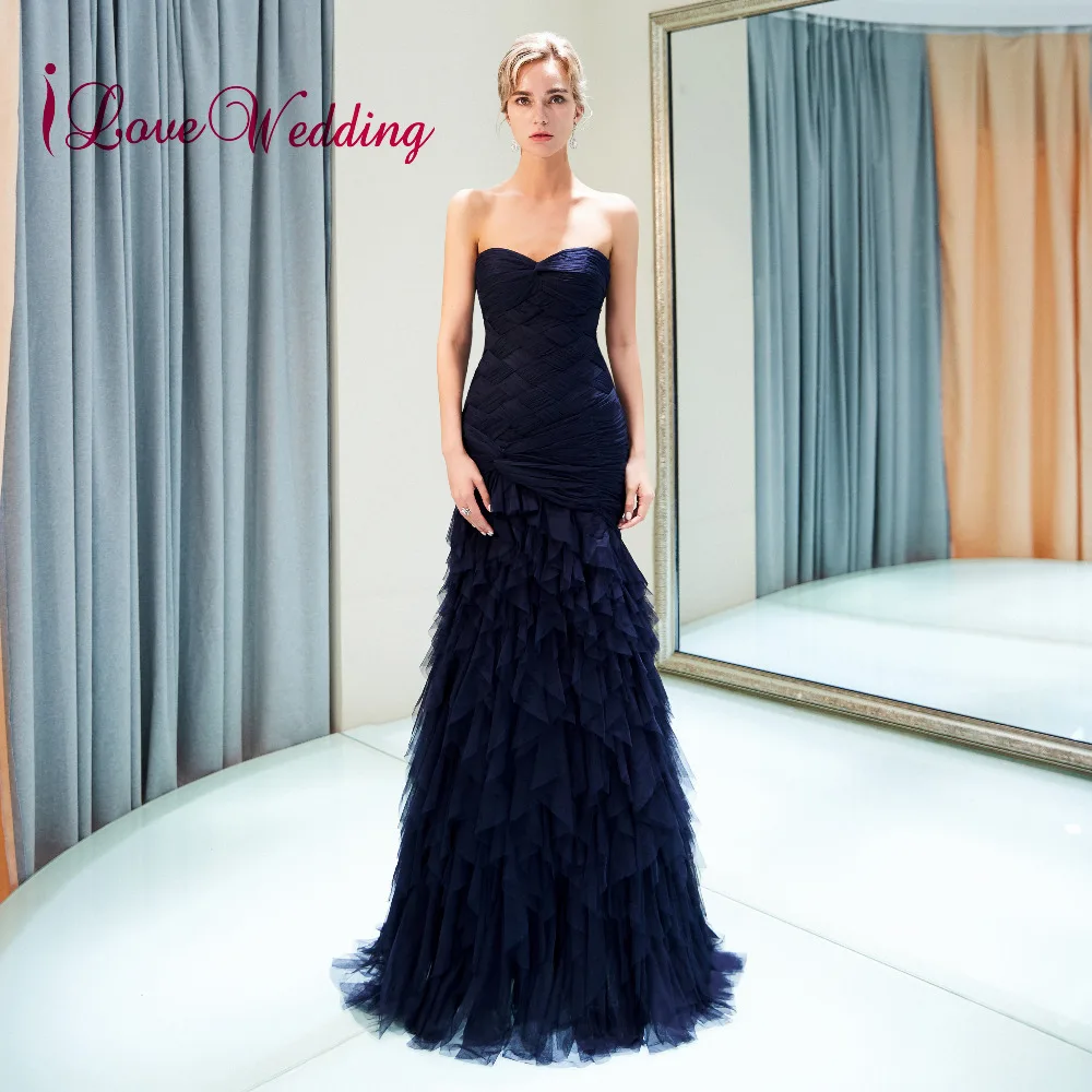 

iLoveWedding New Fashion Sweetheart Navy Blue Tulle Pleated Custom made Mermaid Formal Long Evening Gowns