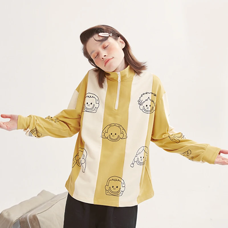 

2019 Spring New Design Women Pullover Sweatshirts Long Sleeve Yellow White Stripe Cartoon Print Zipper Femme Hoodies
