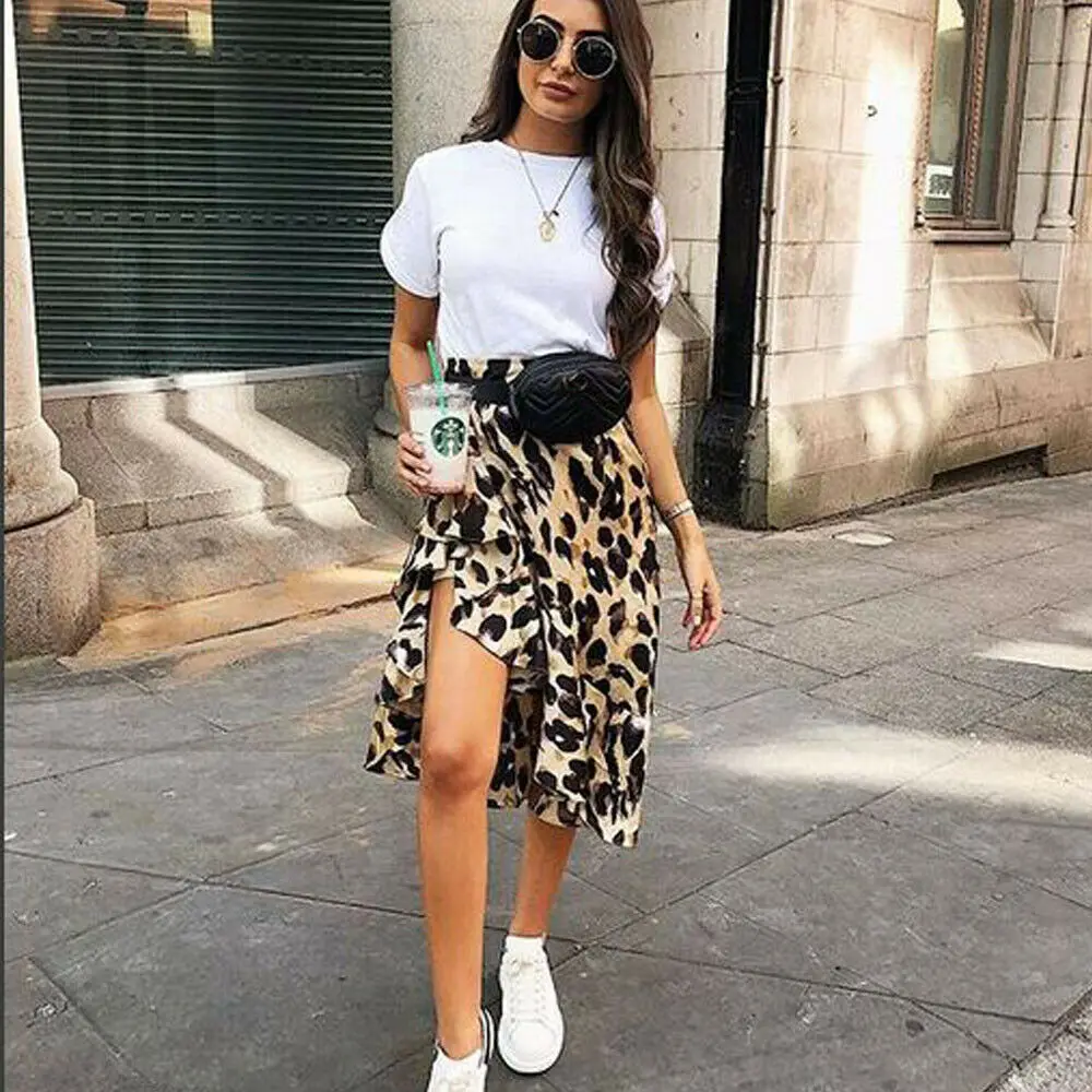 Tasa de descuento Falda de leopardo para mujer, falda Sexy envolvente asimétrica, longitud de pantorrilla, informal, de cintura alta, vestido de verano Gjor0yez