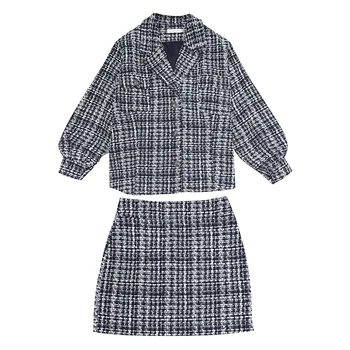 

New Autumn Winter Fashion Houndstooth Women's Sets All-match Plaid Woolen Coats + Slim Hip Skirts Female Suits