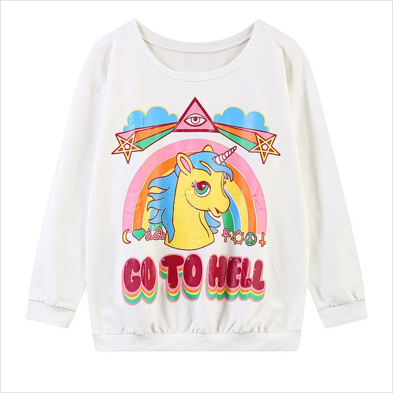 Новинка, Модный Harajuku зимний 3D свитер, женские толстовки, пуловер с капюшоном, go to hell, с единорогом, с круглым вырезом, на каждый день, moletom - Цвет: Белый