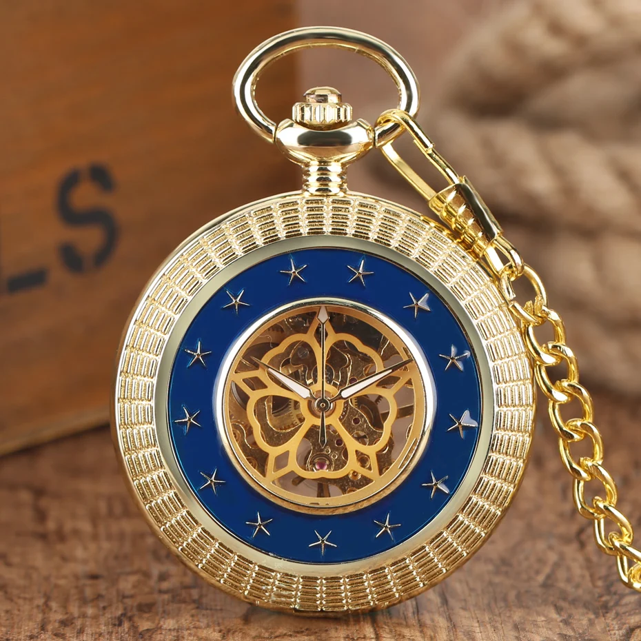 2017 Luxury Gold Mechanical Watches Unisex Blue Star Hollow Circle Roman Numbers Pocket Watch Men Women Antique Fob Pendant Gift (7)