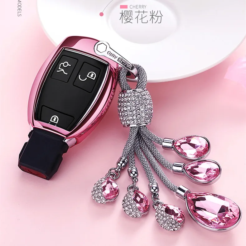 Умный мягкий чехол для автомобильных ключей из ТПУ с дистанционным управлением для Mercedes Benz W203 W210 W211 AMG C E S CLS CLK CLA SLK чехол для ключей держатель брелок - Название цвета: A-pink with keychai