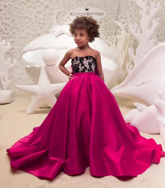 

New Girls Red Dresses Kids Prom Party Pageant Dress Black Lace Long Train with Bow Flower Girl Dresses Perform Gown Size 2-16Y
