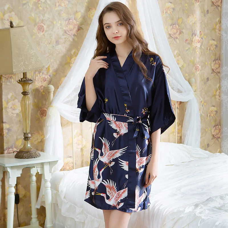 Японская мода кимоно юката для женщин кран печатных вискоза Пижама для вечеринки Платье Азиатский халат одежда для отдыха ночная рубашка - Цвет: Navy Blue