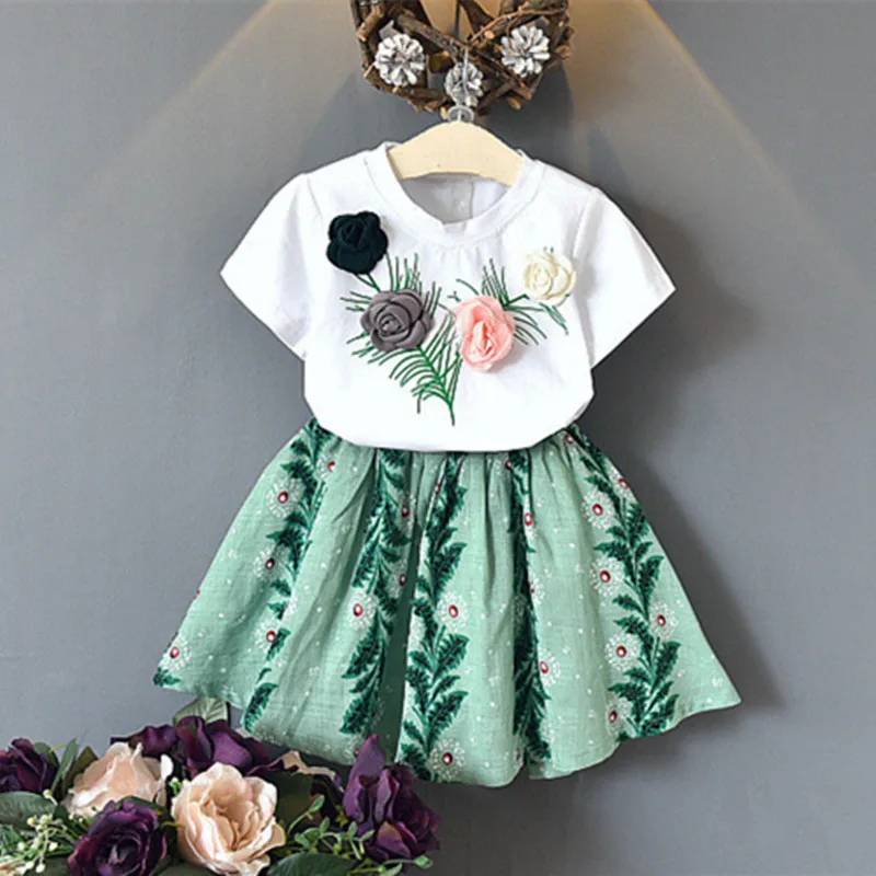 

DFXD Summer Girl Set 2018 Fashion Baby White Short Sleeve Stereoscopic Rose T-shirt+Green Print Skirt Lovely Girls Princess Sets
