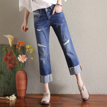 

Nonis Women Wide Leg casual jeans Holes crimping Ankle Length Loose Boyfriend Jeans for women Denim Pants Plus size Trousers