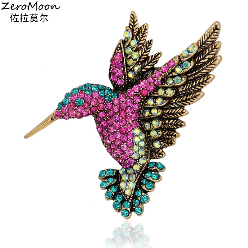 Vivid Hummingbird Brooch Pin Crystal Rhinestone Animal Bird Women Garment Scarf Accessory Vintage Jewelry