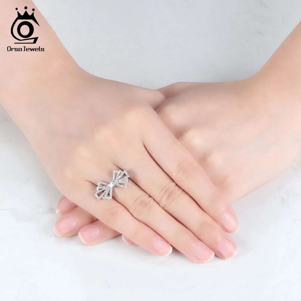 ORSA JEWELS Ring For Women Bowknot Big 24 MM Width Rings Romantic Style Engagement Party Original Silver Color Jewelry OR168