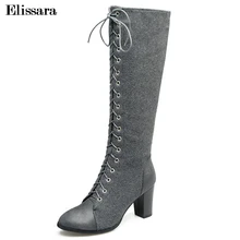 Elissara/женские сапоги до колена на среднем каблуке; модные зимние мотоботы на шнуровке с круглым носком и квадратным каблуком; Размеры 33-47