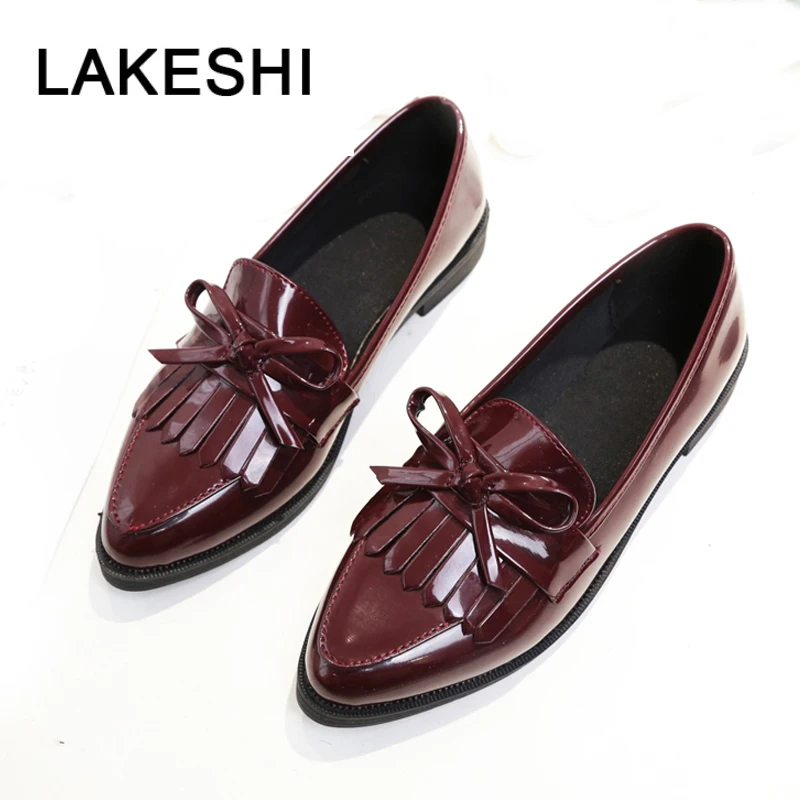 

2019 Brand Shoes Woman Leather Shoes Casual Tassel Bow Pointed Toe Black Oxford Shoes For Women Flats Comfort Slip On Women Shoe