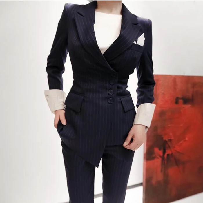 Женские формальные костюмы рабочие брючные костюмы комплекты из 2 предметов полосатый Блейзер пиджак и брюки на молнии офисный женский костюм женская одежда осень
