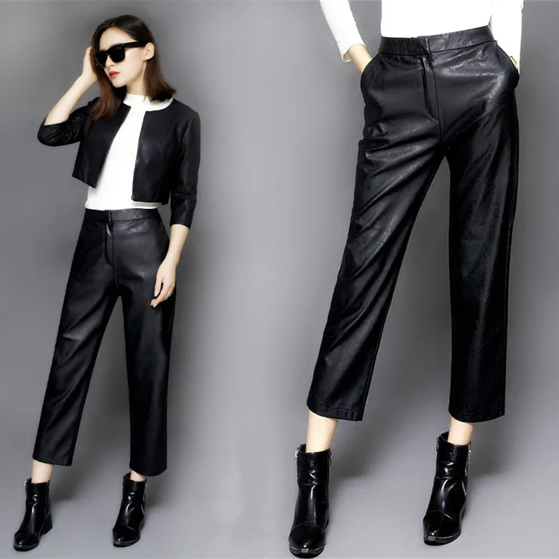 Otoño Exterior Nueve Cintura Femenino 1 Femeninos Pantalones Pu Jeans Recta Desgaste De Alta Invierno Cuero E Puntos 5yq88x6AwS