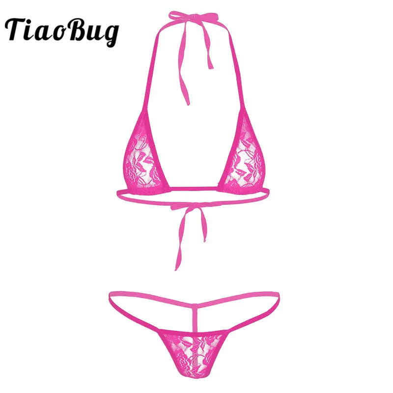 

TiaoBug Women Floral Lace Sexy Lingerie Set See Through Sheer Halter Mini Bikini Transparent Bra with G-String Panties Underwear