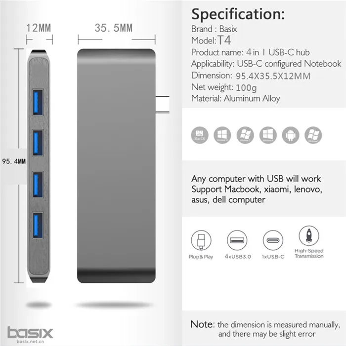 Basix Тип C концентратор мульти Otg Usb3.0 4 порта type-c адаптер Usb3.1 Тип c сплиттер USB3.0 интерфейс для MacBook Pro Usb c концентратор