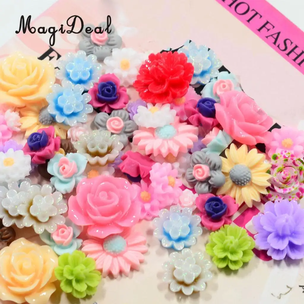 MagiDeal 50Pcs Assorted Colors Size Resin Rose Flower Carving Rose Flower Beads Accessories Synthetic stone material 