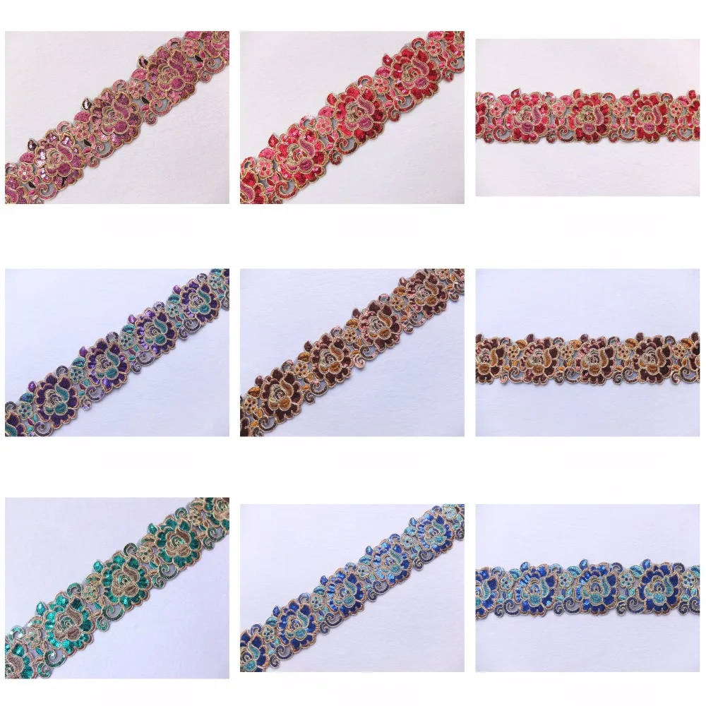 

New 4Colors(Brown Purple Teal Blue+..)Flower Embroidery Sequined Ribbons Lace Trimmings Dance Costume Decoration 1yd/color RELC6