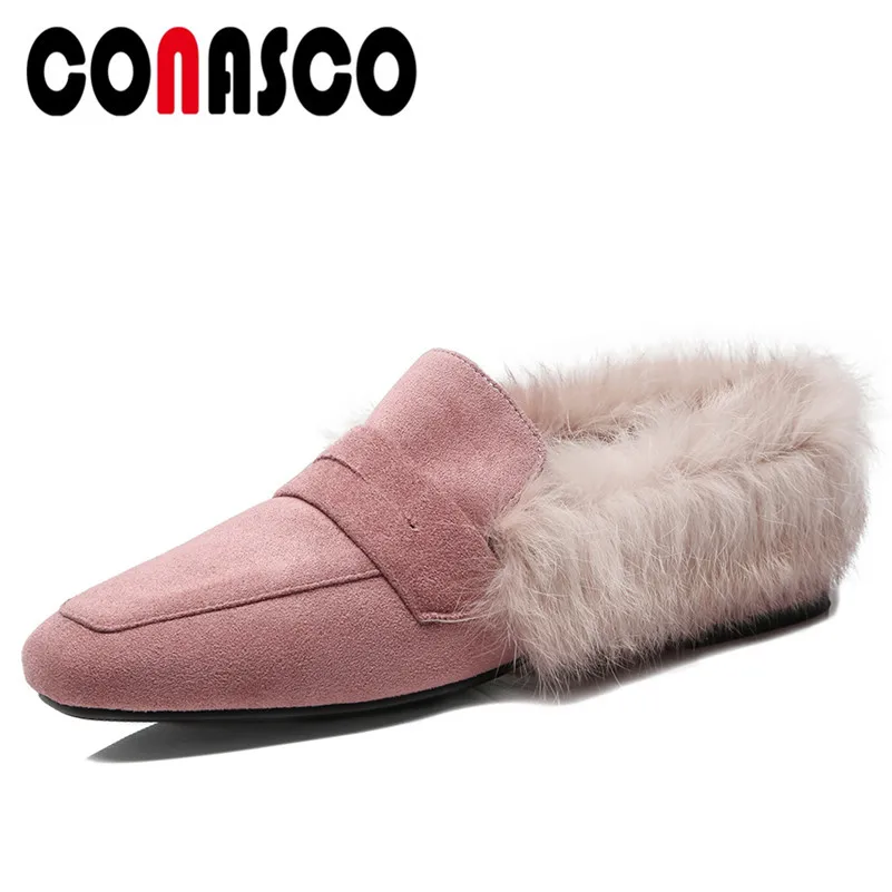 

CONASCO 1New Arrival Basic Pumps Autumn Winter Warm Rabbit Fur Square Heels Shoes Woman Suede Leather Luxury High Quality Pumps