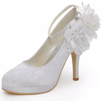 

Women's Shoes Lace Round Toe Platform Flower Ankle Strap High Heel Wedding Bridal Bride Ladies Woman Pumps EP2132 White Ivory