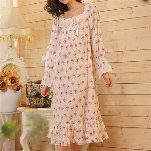 Брендовая женская пижама для сна, хлопковая длинная ночная рубашка с цветочным принтом, сексуальное домашнее платье, ночная рубашка размера плюс# P14 - Цвет: Long sleeve