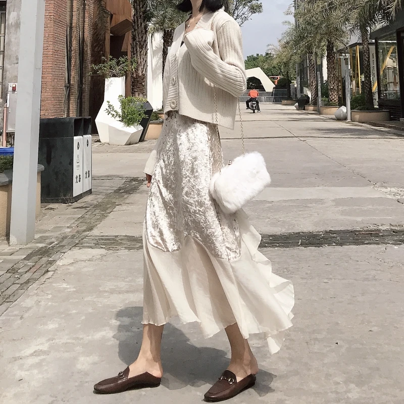 

Mazefeng Spring Women Casual Rullfes Skirt Ladies Solid Skirt Female Semi-transparent Mature Style High Waist Skirt Ankle-Length