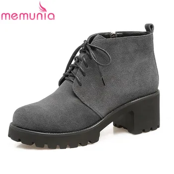 

MEMUNIA 2020 new arrival ankle boots round toe thick heels women lace up boots cross tied black gray classic ladies shoes