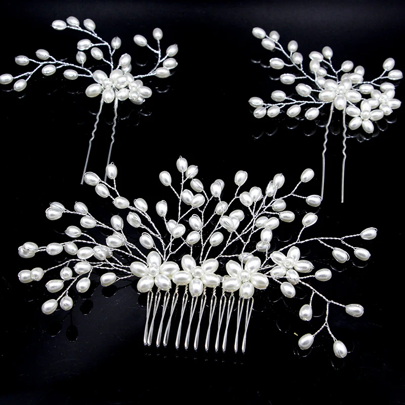 3pcs Set Pearls Hair Combs Pins for Bridal Hair Jewelry Women Wedding