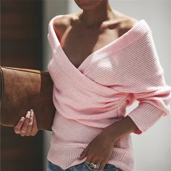 

Deep V Neck Sweaters Off The Shoulder Pullover Sweater Women Casual Irregular Knitted Long Sleeve Jumper Chandail Hiver Femme