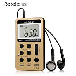 Портативный радиоприемник Retekess V112, FM/AM, цифровой портативный мини-приемник, настраиваемый с перезаряжаемой батареей, наушник, радиоприемник F9202 - Цвет: Gold