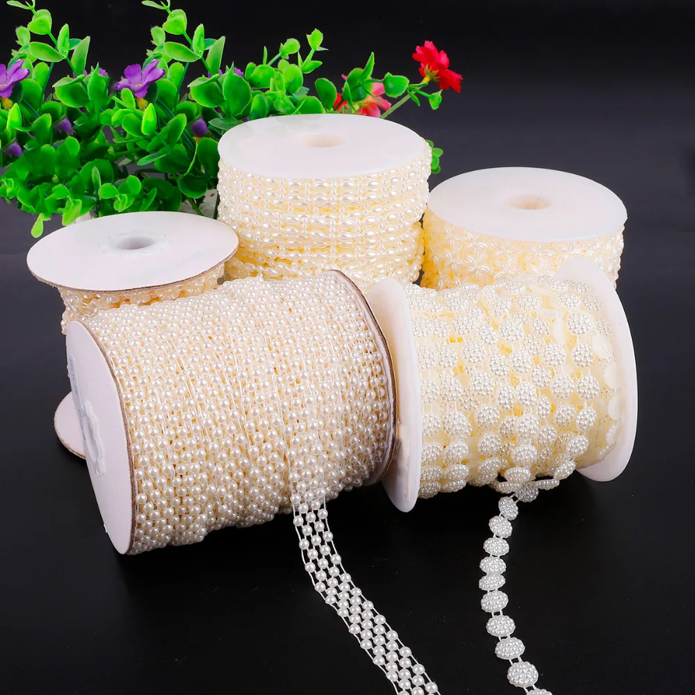

Ivory Flower ABS Imitation Pearl Beads Chain Trim Crystal Rhinestone Garland Pearl Lace for DIY Craft Wedding Party Decoration