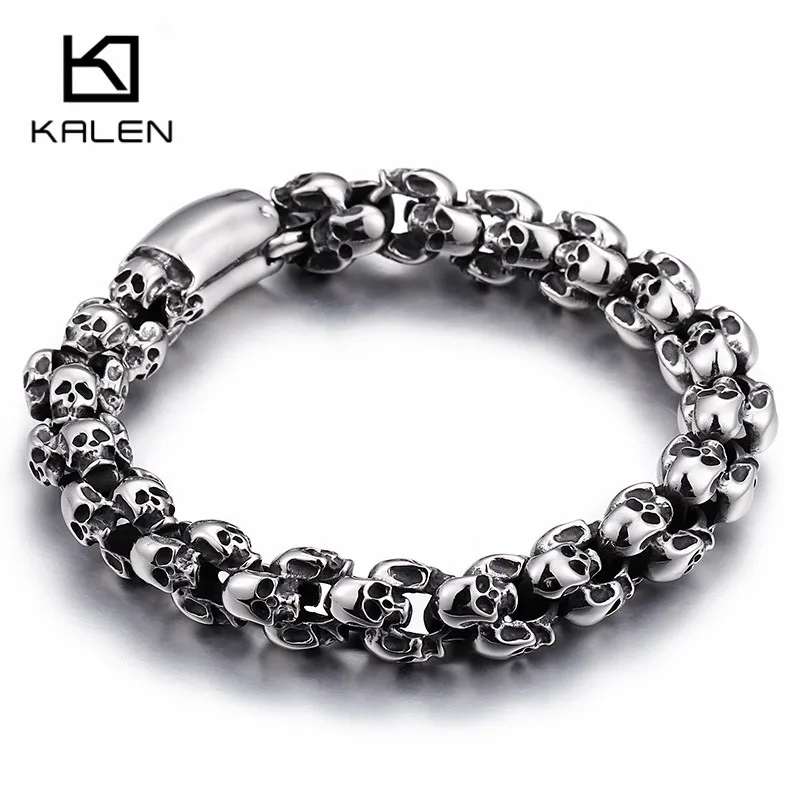 Kalen Punk 22.5cm Long Skull Bracelets For Men Stainless Steel Shiny Skull Charm Link Chain Brecelets Male Gothic Jewelry 2018