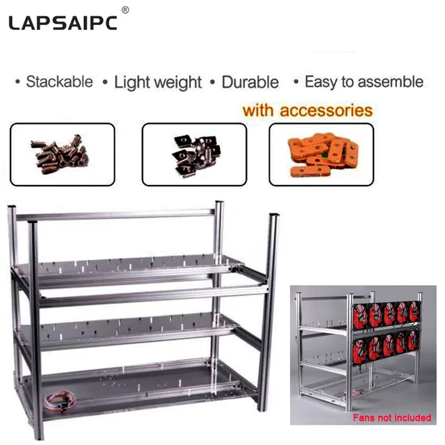 Best Value Lapsaipc Stackable Computer Fame Open Air Mining Rig Case 12 Graphics Card GPU USB PCI-E Cable Computer case+Fan Fixing parts