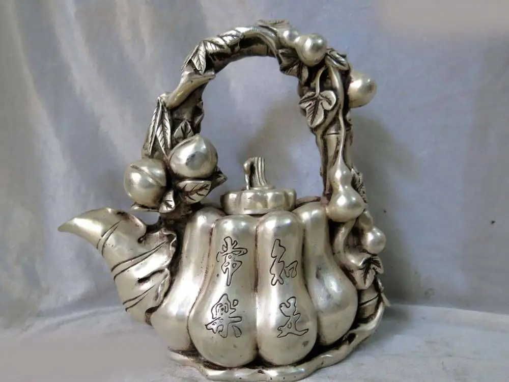 

11" China Silver fine workmanship carved lucky calabash peach teapot Sculpture