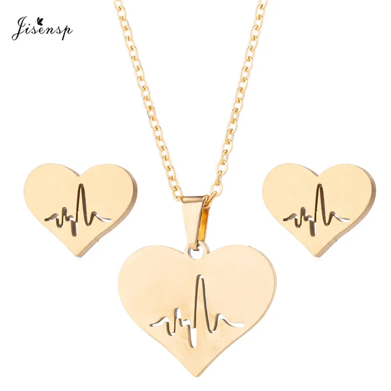 

Jisensp Romantic Peach Heart Electrocardiogram Jewelry Sets Simple Fashion Heartbeat Charm Necklace Earrings for Women Lovers
