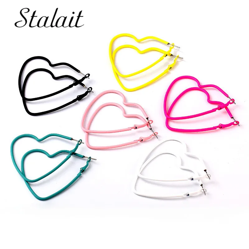 

Cute 50mm Heart Hollow Tube Spray Paint Hoop Earrings Multi Color Big Hoop Earrings For Women Girl Gift