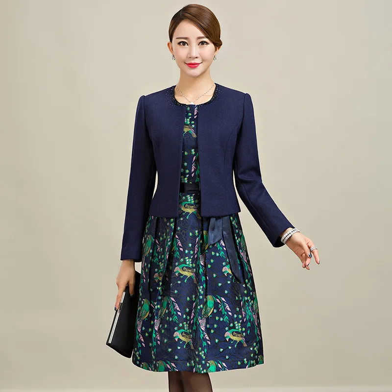 

2019 New Knee Length Mother Of The Bride Dresses With Jacket Printed Flowers Lace Chiffon Short Mother Wedding Guest Party Gowns