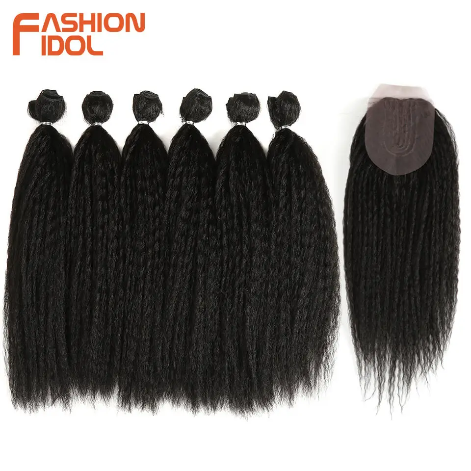 Online Moda IDOL Afro rizado pelo recto 6 mechones con cierre Ombre extensión de cabello sintético 7 unids lote 16 pulgadas para las mujeres negras