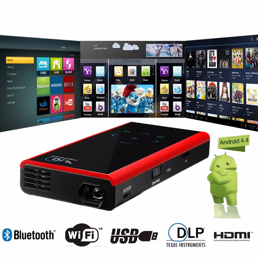

E06 Mini DLP Projector 120 ANSI Lumens 854*480 Android 4.4 Miracast WiFi Blutooth LED Projector Support 1080P Built-in Battery