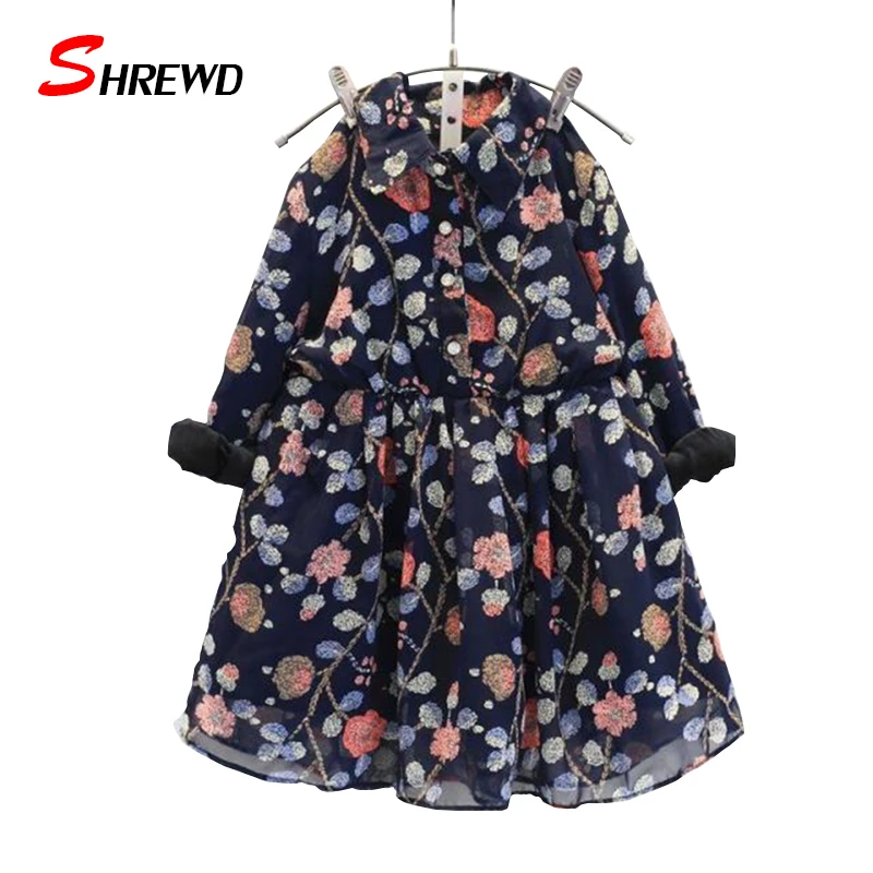 

Girl Party Dress Winter 2017 New Fashion Flower Printing Children Dress Girl Plus Velvet Long Sleeve Kids Clothes Girls 6422W