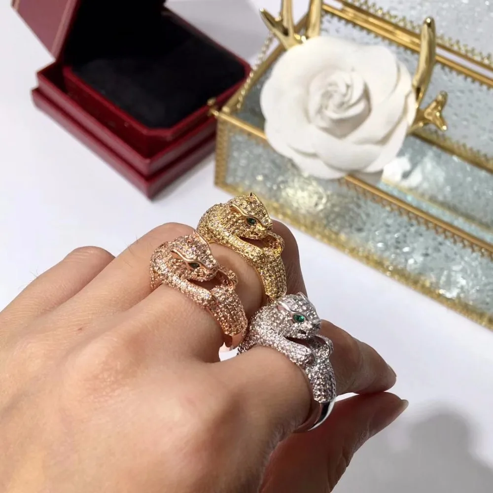 

Brand 2018 new Version copper plaed gold Leopard ring with full cz stones panther head ring high quality