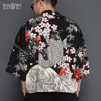 

Japanese kimono yukata kimino haori cardigan men kimino robe Carp printing men black print japanese tops Haori Japan clothing