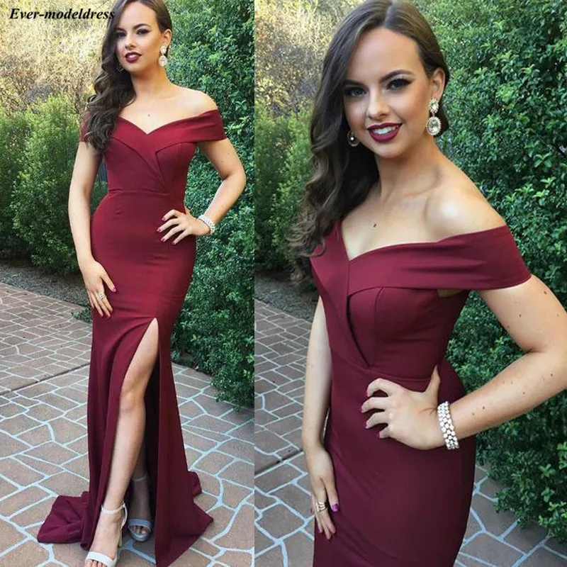 

Off Shoulder Burgundy Bridesmaid Dresses 2020 High Split Floor Length Maid of Honor Prom Party Gowns Vestido longo Cheap