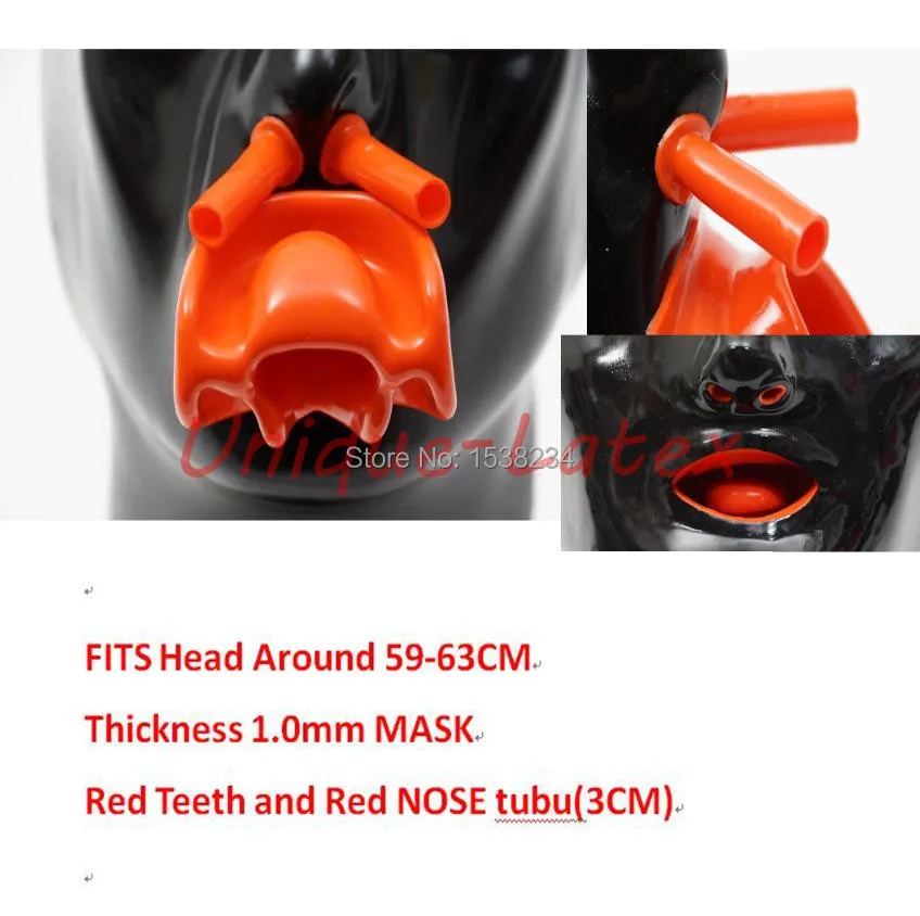 

Latex Mask 3D mask 1.0mm Latex Men Heavy Mask with Red Teeth AND Red/Black nose tube lip facing sheath tong Heavy(Fits 59-63cm)