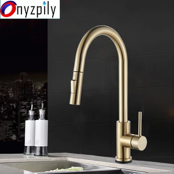 

Onyzpily Golden Sensative Kitchen Faucet Single Handle Faucet Pull Out Sprayer Mixer Tap Dual Outlet Water Modes Deck Mounted