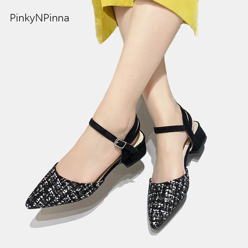 

women sandals cover toe non-slip ankle strap black suede glitter sequins leather sheepskin insole low heels party office shoes