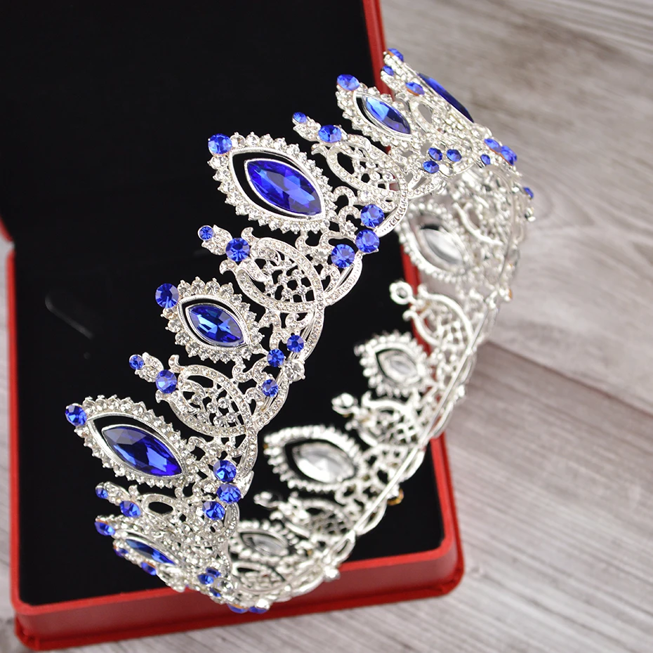Синий свадебный горный хрусталь корона модный роскошный с кристаллами Серебряный головной убор королева свадебная корона большая круглая корона аксессуары для волос