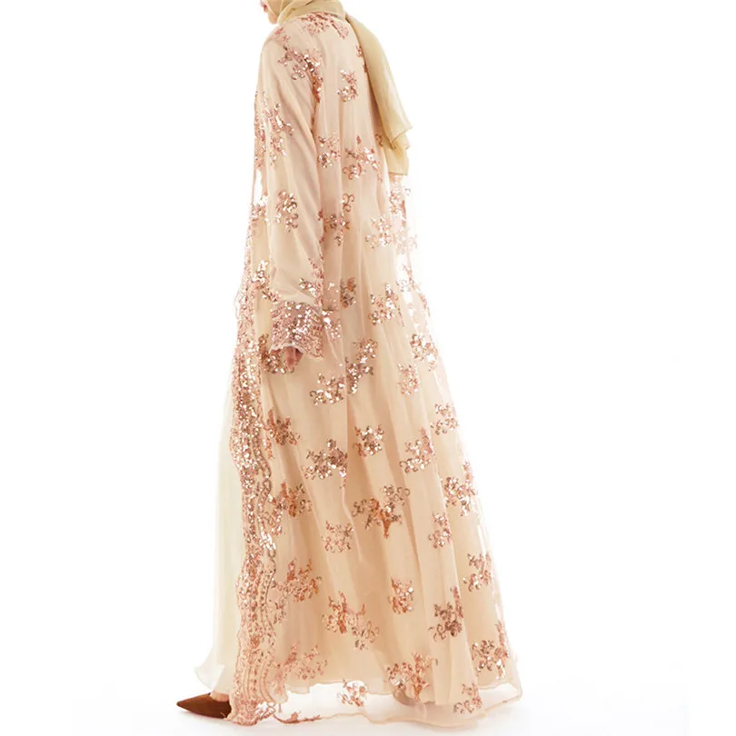 New Muslim Women Summer Lace Sequin Cardigan Long Sleeve Maxi Dress Kimono Open Abaya Robe Kaftan Dubai #4F08 (14)